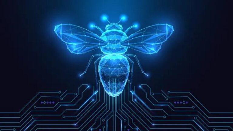 Ilustración que muestra abejas volando cerca de un servidor informático, representando la conexión entre la naturaleza y la tecnología.