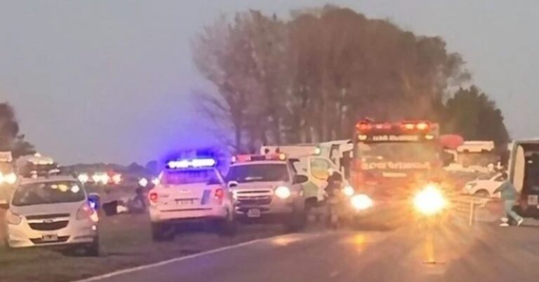 Operativo de emergencia en la ruta 3 tras el accidente fatal en Las Flores, provincia de Buenos Aires.