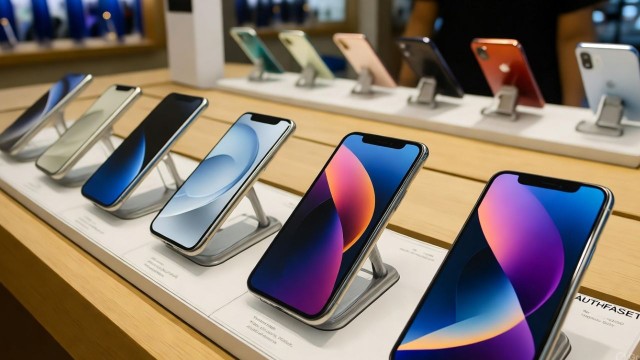 Comparativa de diferentes modelos de iPhone sobre una mesa, con gráficos de precios de fondo.