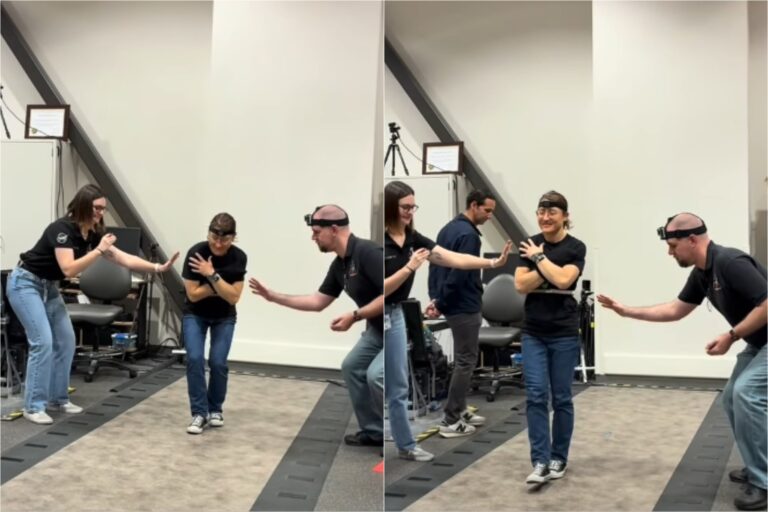 Astronauta Christina Koch realizando ejercicios de equilibrio tras la misión Artemis II