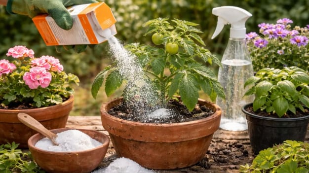 Persona aplicando bicarbonato de sodio diluido en agua a las hojas de una planta en maceta.