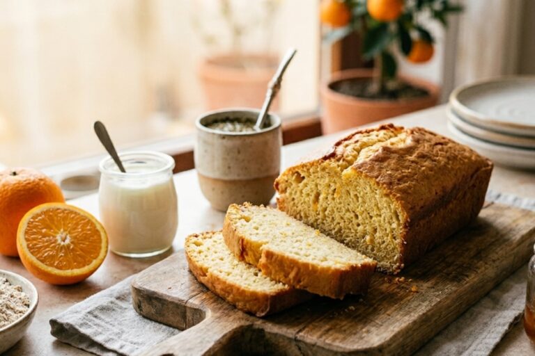 Rebanada de budín de naranja y yogur servido en un plato, con textura húmeda y decoración cítrica.
