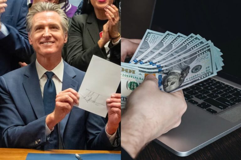 Ilustración de un teléfono móvil mostrando una aplicación de envío de dinero con el mapa de California de fondo.