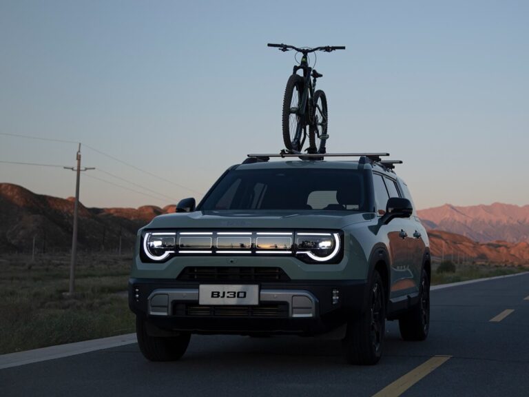 Bicicleta sujeta en portabicicletas de techo de un auto