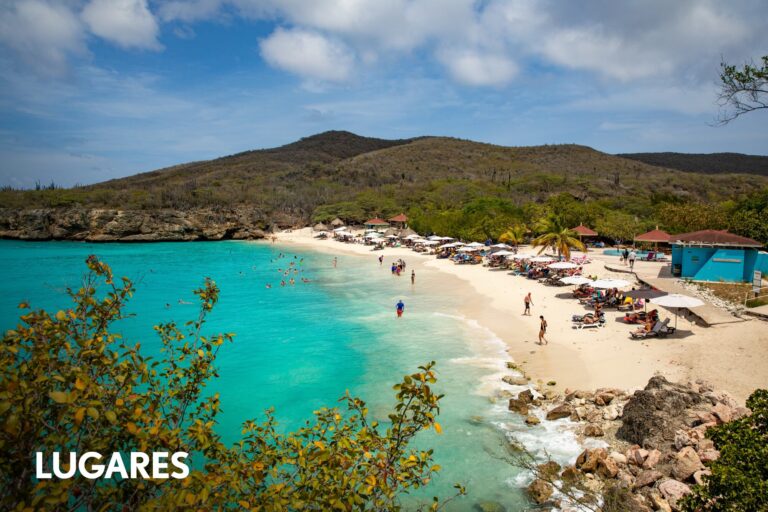 Vista aérea de una playa de arena blanca y aguas turquesas en el Caribe.