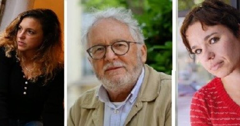 Fotografía de los escritores Héctor Abad Faciolince, Ariana Harwicz y Betina González