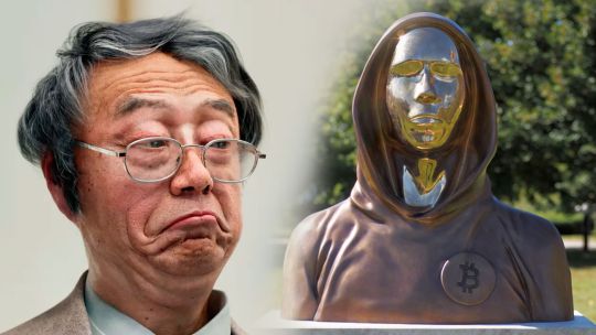 Ilustración conceptual del seudónimo Satoshi Nakamoto y el símbolo de Bitcoin sobre un fondo digital.