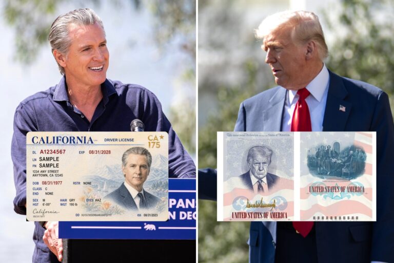 Gavin Newsom sonriendo junto a una imagen de una licencia de conducir de California
