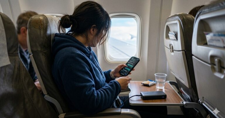 Powerbank y teléfono móvil sobre asiento de avión, con cinturón de seguridad