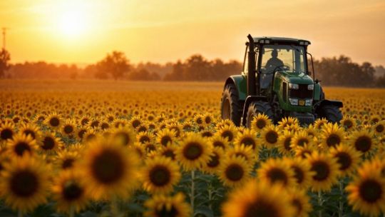 Campo de girasoles en flor en la llanura argentina, con un tractor al fondo.