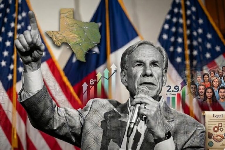 Mapa o gráfico ilustrativo del estado de Texas con iconos representando industria, energía y comercio.