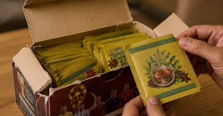 Caja de figuritas del Mundial abierta con sobres de té de anís