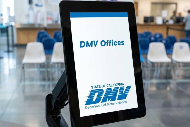 Señal de tránsito de California con texto DMV