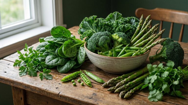 Verduras de hoja verde y crucíferas sobre una mesa de madera