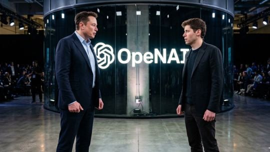 Fotografía de los empresarios Elon Musk y Sam Altman en el tribunal de Oakland, California