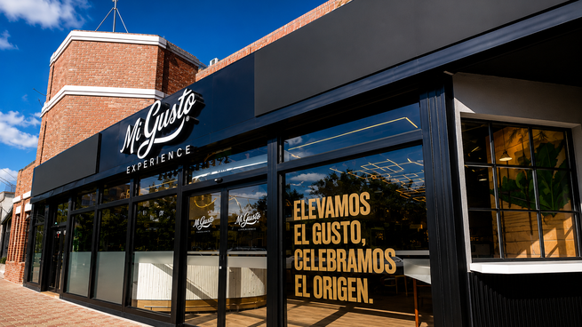 Interior de un local de Mi Gusto con cocina a la vista y clientes