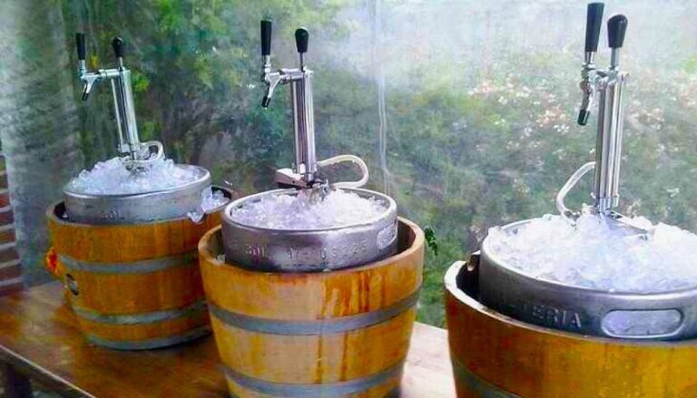 Turistas en el Museo de la Cerveza Tsingtao en Qingdao, China, levantando vasos de cerveza