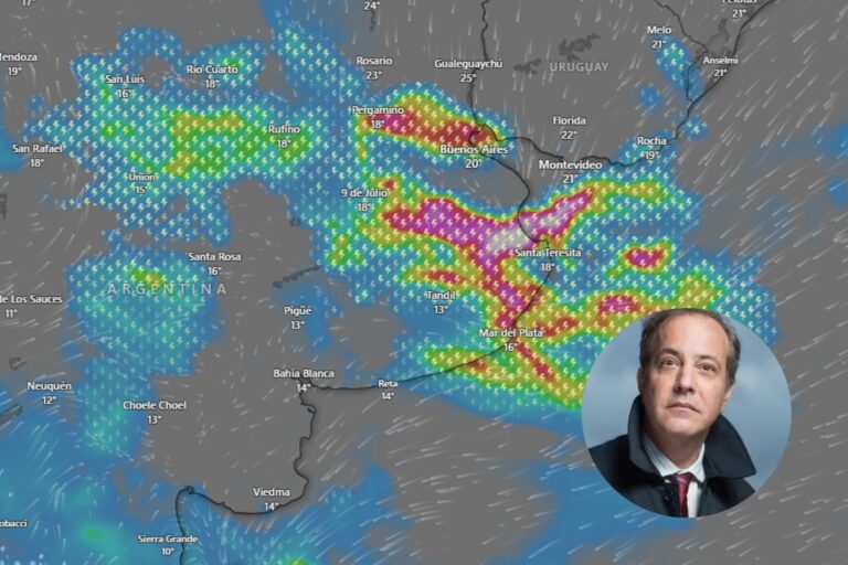 Mapa del clima en el AMBA con nubes y descenso de temperatura