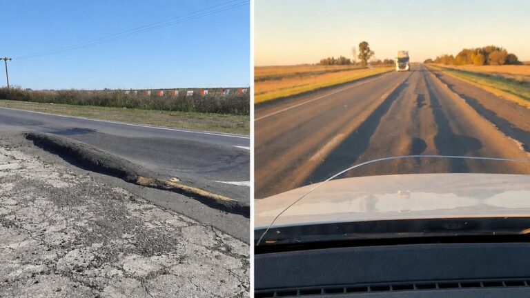 Ruta 3 con asfalto deteriorado y pozos visibles