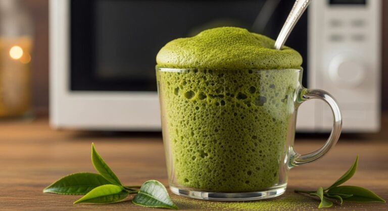 Bizcocho de té verde al microondas en un plato con una taza de té