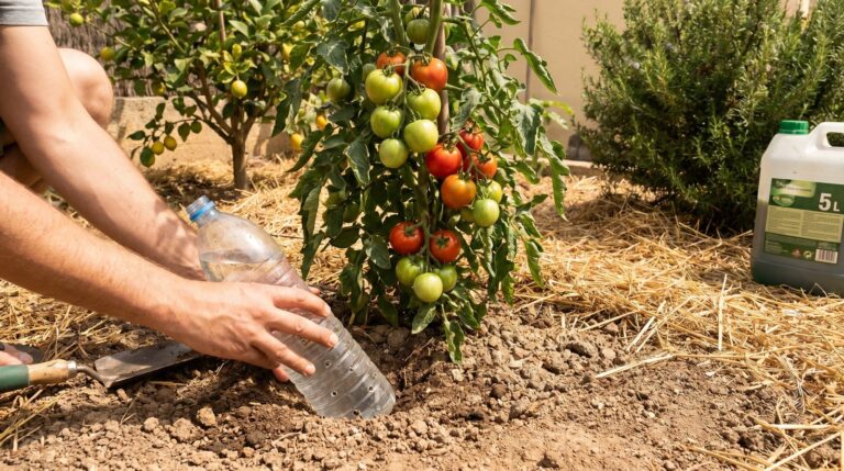 Botella de plástico enterrada junto a la base de una planta con agua en su interior