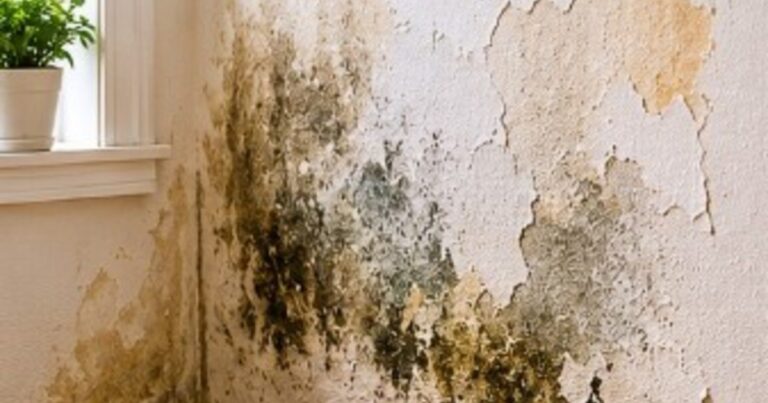 Pared con manchas de humedad y pintura descascarada, con herramientas de reparación al lado