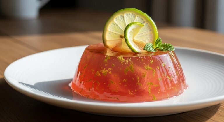 Gelatina de tuna con limón en un molde, con rodajas de limón y hojas de menta como decoración