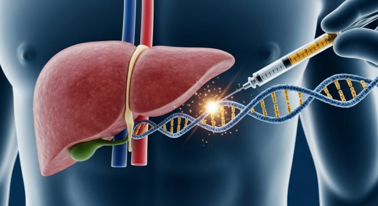 Ilustración de nanopartículas lipídicas administrando terapia génica en el hígado