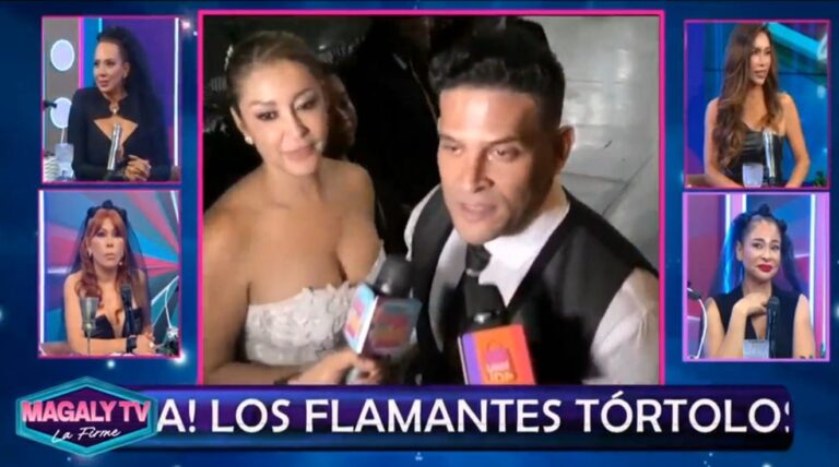 Karla Tarazona y Christian Domínguez sonriendo el día de su boda civil en San Borja