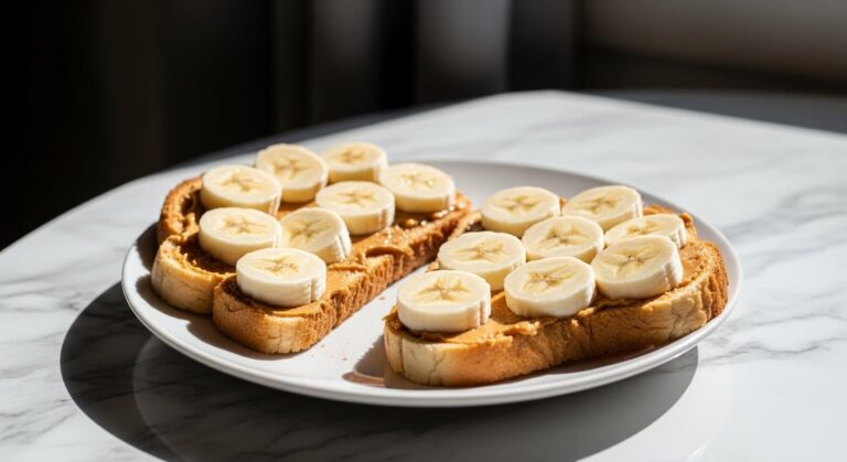 Pan tostado con rodajas de plátano, fresa y durazno