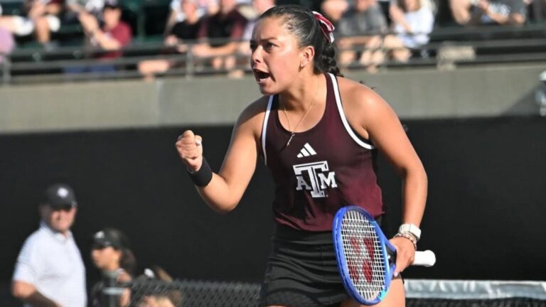 Lucciana Pérez celebrando un punto en el torneo ITF W35 de San Gregorio