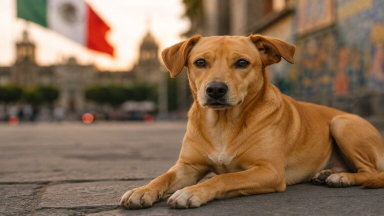 Perro caramelo de pelaje amarillo caminando por una calle en México