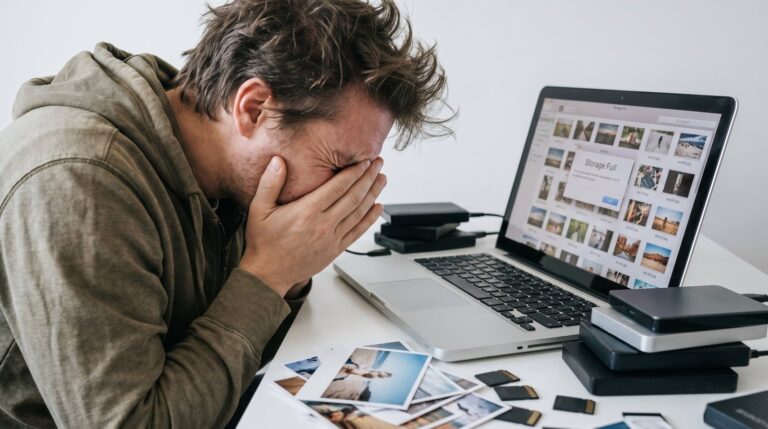 Persona mirando una pantalla con múltiples archivos y carpetas desordenadas, representando la acumulación digital
