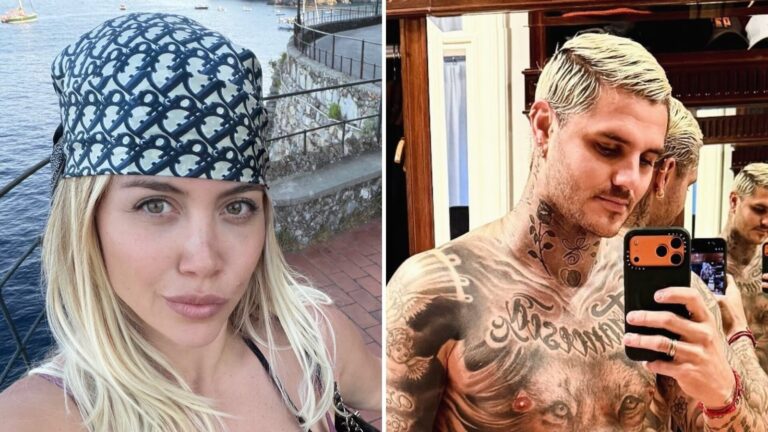 Wanda Nara posando frente a un espejo en bikini negro con detalles amarillos en Milán